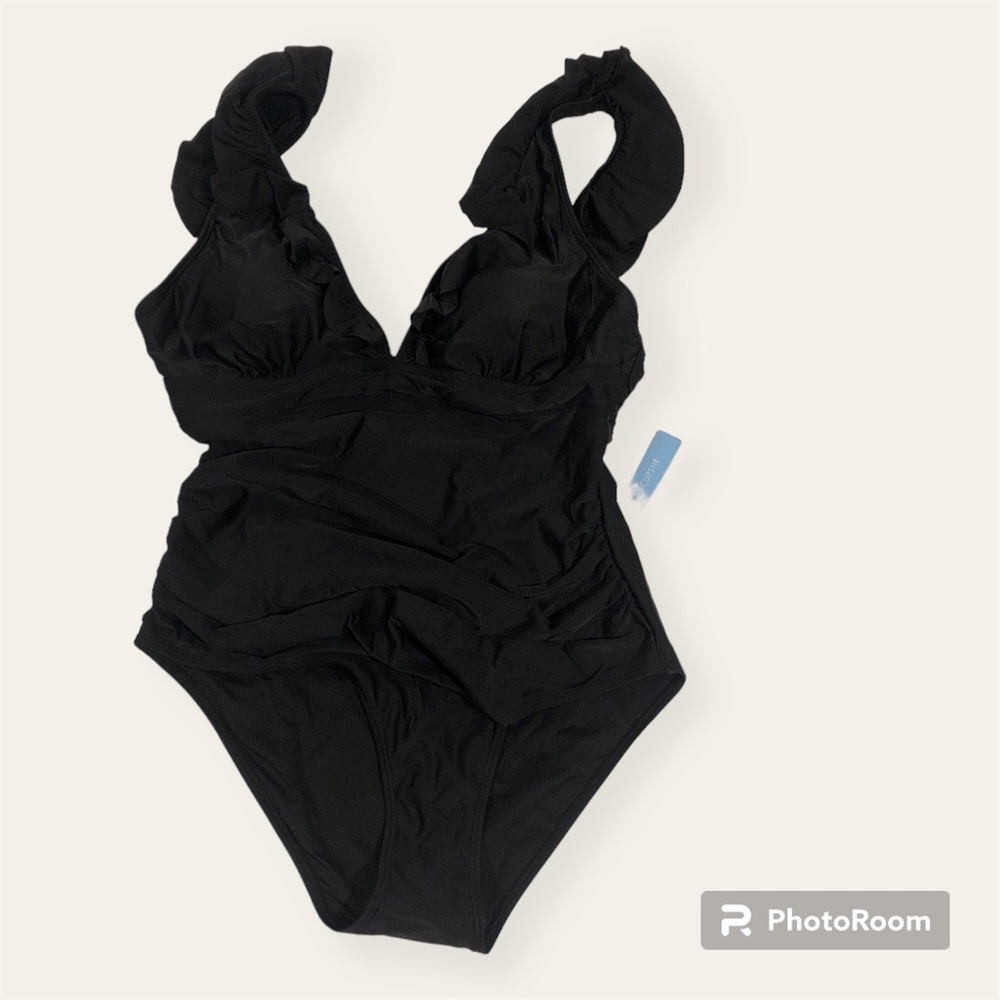 Cupshe Women's Ruffled One Piece Swimsuit V Neck Lace Up Size XL Black NWT - Picture 3 of 12